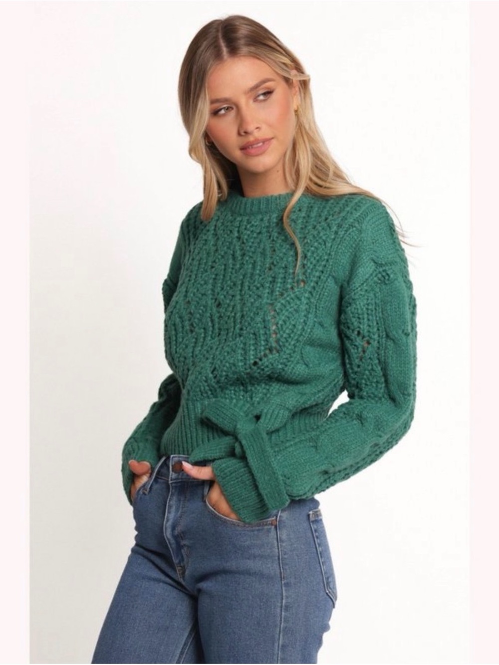 Petal & Pup Green Wool Blend Cable Knit Sweater Chunky Cozy Cottagecore M